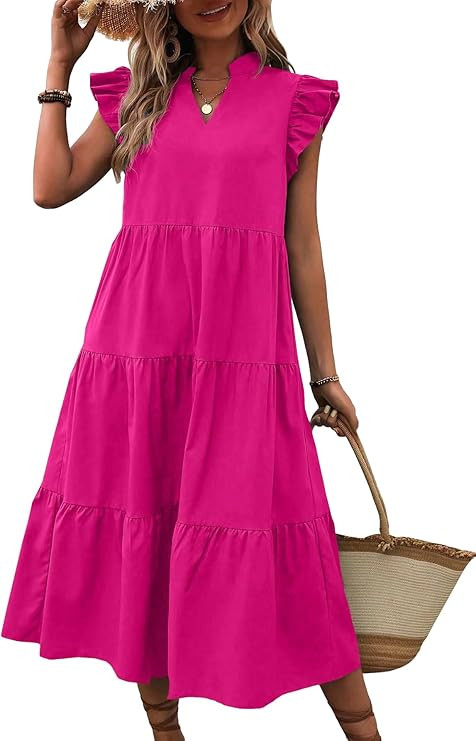 SweatyRocks Women's Cap Sleeve Ruffle Hem Long Dress V Neck High Waist Smock Dresses | Amazon (US)