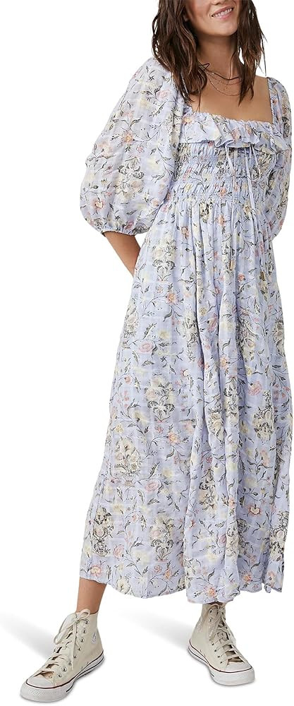 Free People Oasis Printed Midi Dress for Women - Square Neckline with Puff Sleeves, Flowy and Chi... | Amazon (US)