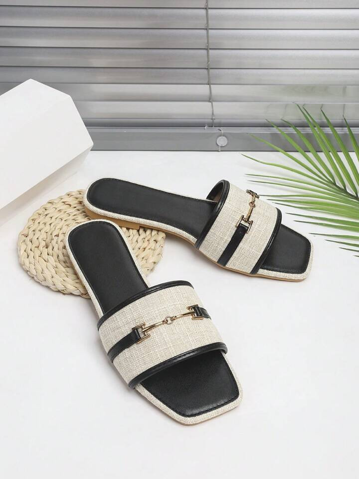 Women's Outdoor Flat Slippers, New Style, Black Linen With Metal Buckle Chain Decor, Thick Sole, ... | SHEIN