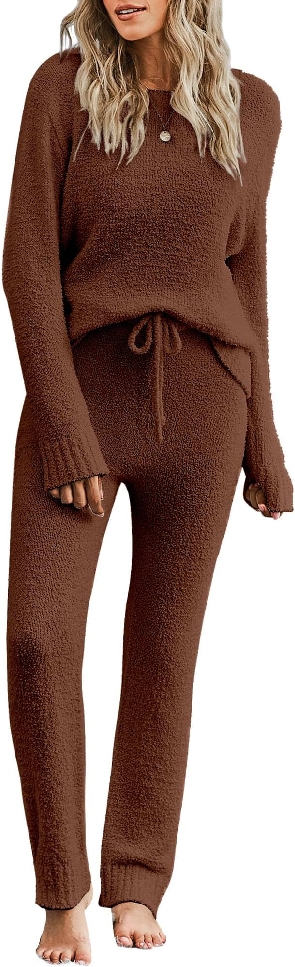 luvamia Women's Casual Pajama Set Fuzzy Fleece Knitted Long Sleeve Pj Loungewear | Amazon (US)