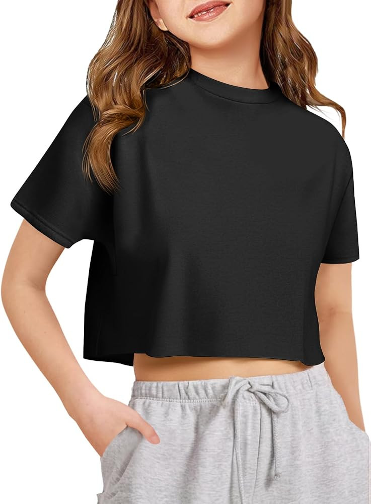 Haloumoning Girls Oversized Crop Tops Athletic Short Sleeve T Shirts 5-14Y | Amazon (US)
