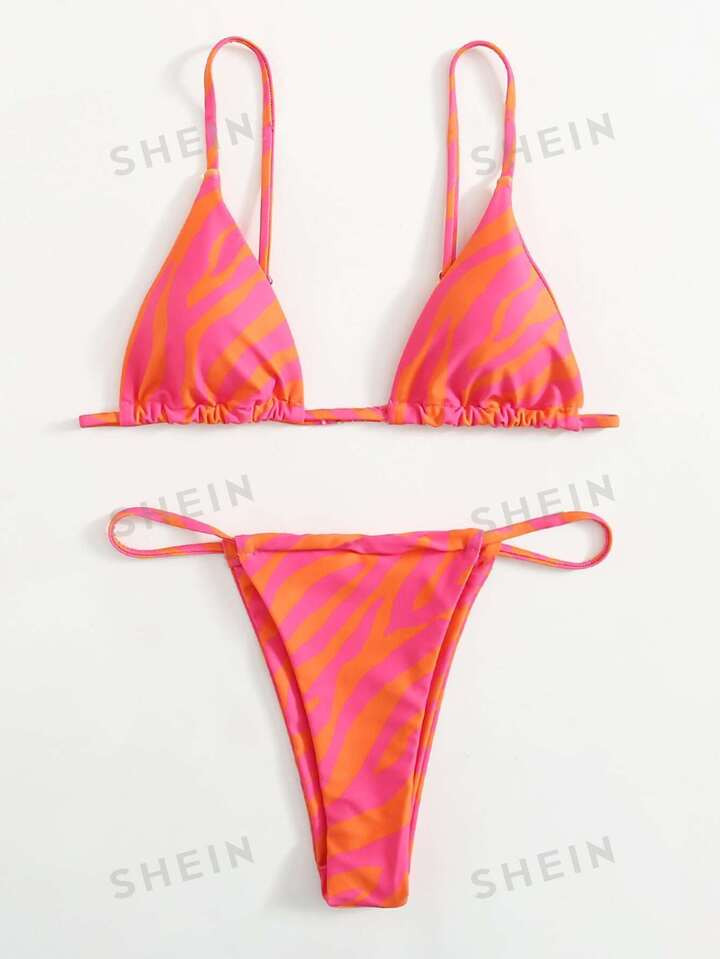 SHEIN Swim Zebra Stripe Bikini Set Triangle Bra & Cheeky 2 Piece Swimsuit | SHEIN