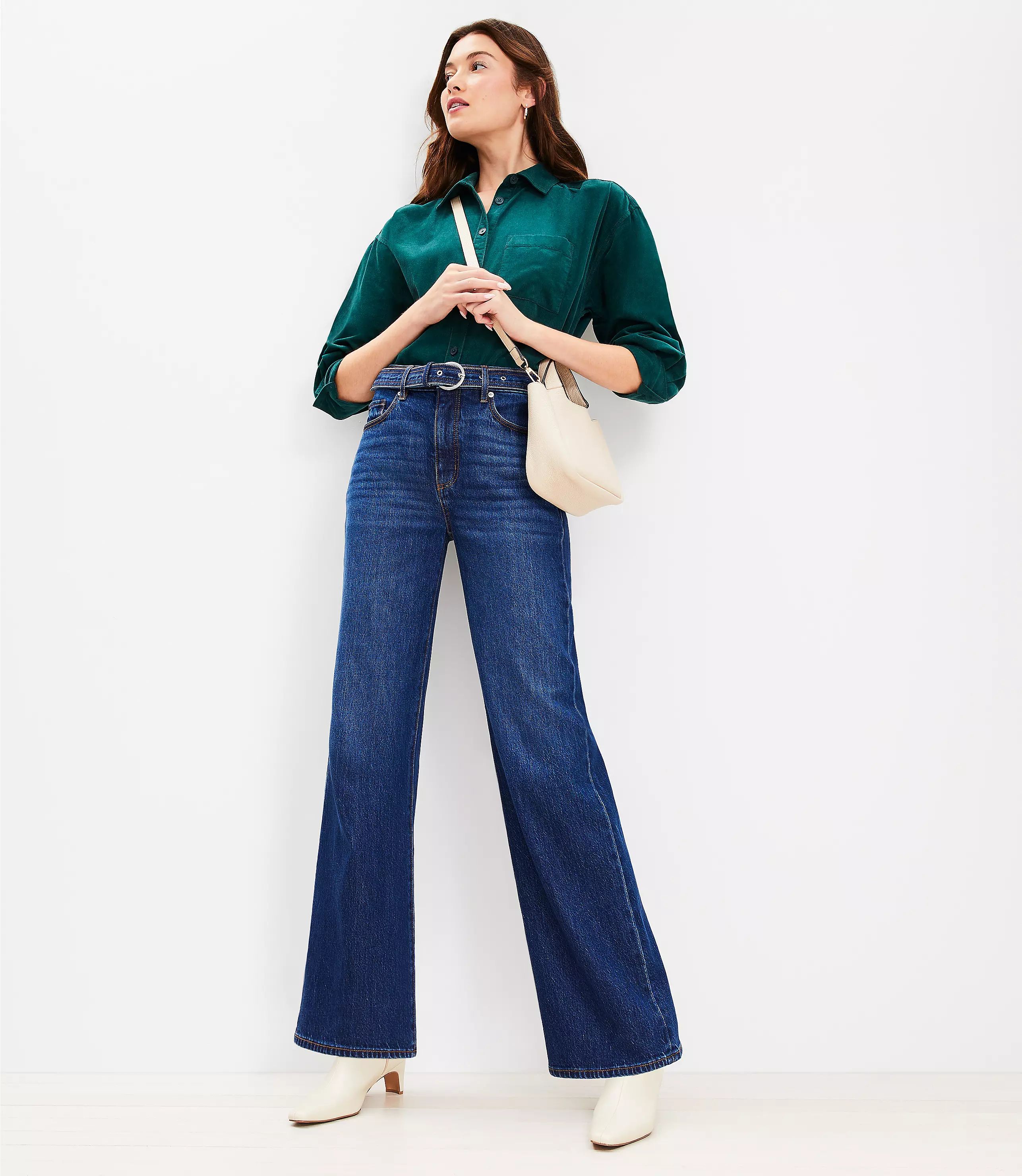 High Rise Belted Wide Leg Jeans in Dark Authentic Indigo Wash | LOFT