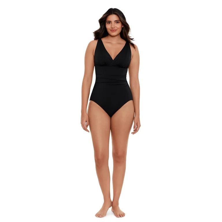 Time and Tru Women's and Women’s Plus Size Solid Black Plunge V Neck One Piece Swimsuit | Walmart (US)