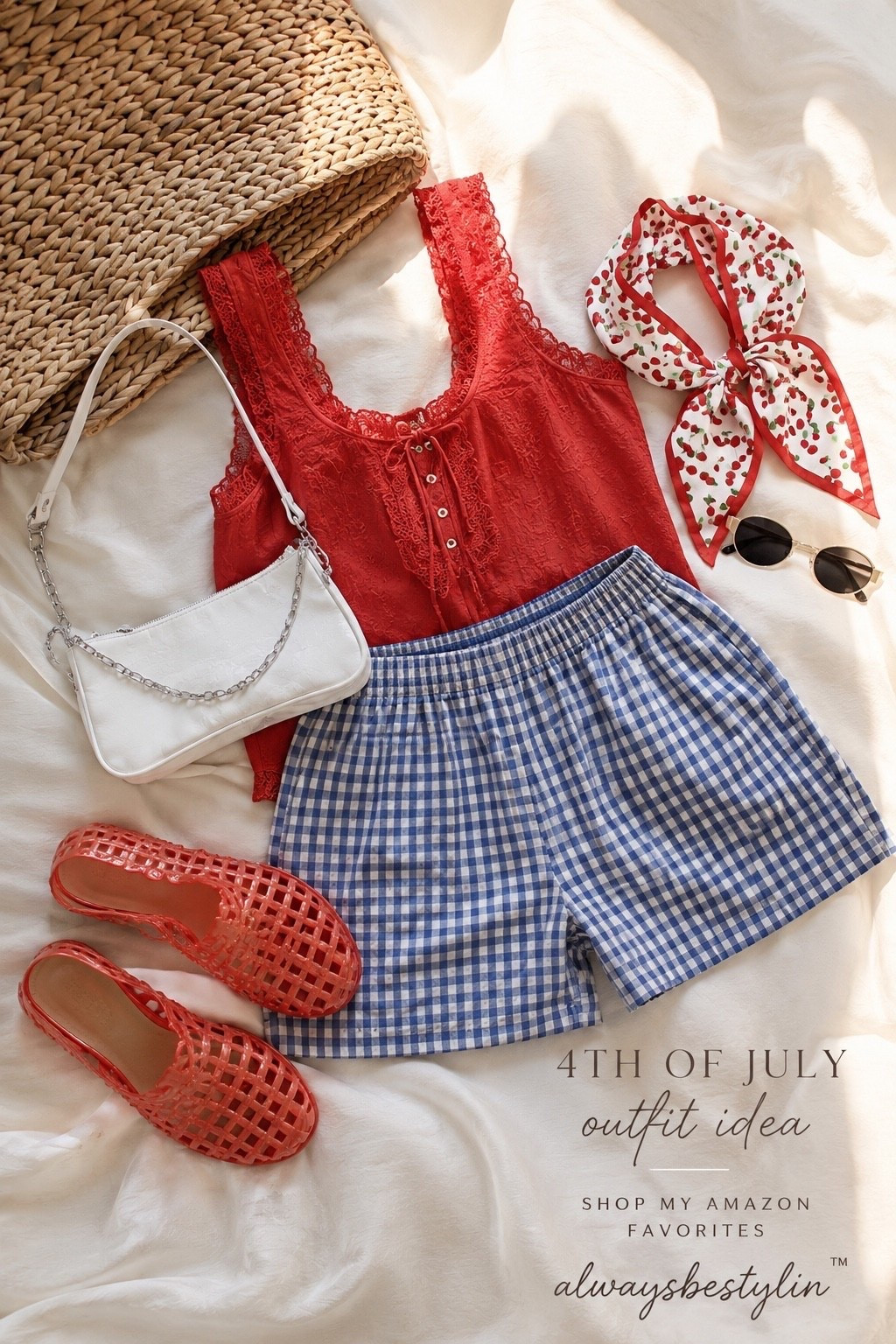 🇺🇸❤️ The cutest Amazon 4th of July outfit is HERE ❤️🇺🇸

This red lace tank + blue gingham shorts combo is giving effortless Americana, coastal girl summer, and backyard BBQ chic all in one look. Paired with trending jelly sandals, a cherry hair scarf, retro sunglasses, and a chic white shoulder bag for the ultimate patriotic outfit inspo.


Amazon fashion finds, July 4th outfit, patriotic outfit, summer fashion 2026, coastal style, Amazon clothing, affordable summer outfit, Amazon influencer finds, beach vacation outfit, red white blue fashion, jelly sandals outfit, gingham shorts outfit, trendy Amazon clothes, Pinterest fashion aesthetic, LTK fashion finds.

#LTKootd #LTKSaleAlert #LTKSeasonal