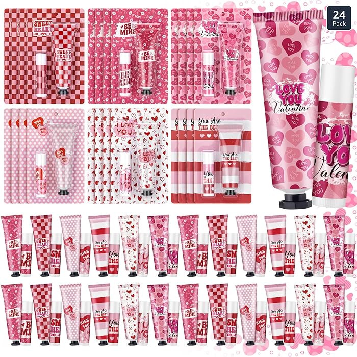 Loopeer 24 Sets Valentine's Day Hand Cream Lip Balm Gifts Bulk Galentine's Day Gift Moisturizing ... | Amazon (US)