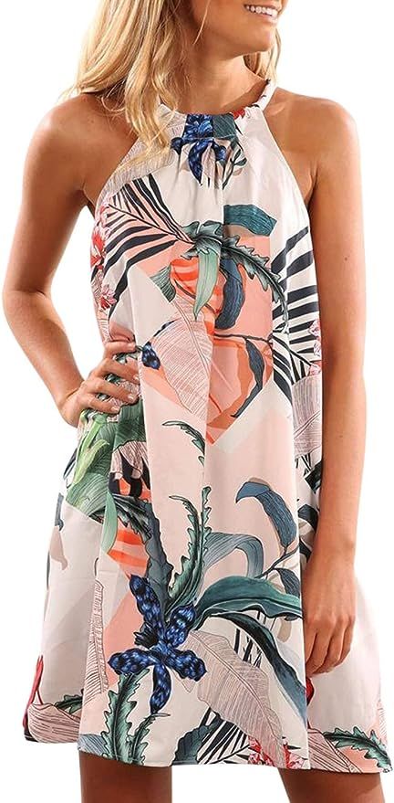 Fronage Women's Casual Sleeveless Floral Mini Dress Summer Beach Halter Neck Dresses | Amazon (US)