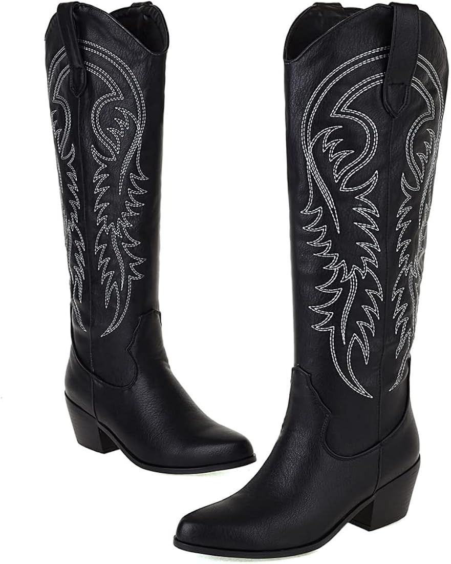 SO SIMPOK Womens Embroidered Pull On Cowboy Cowgirl Boots Block Chunky Heel Western Mid Calf Boot... | Amazon (US)