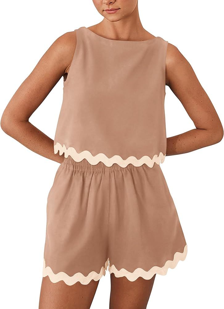 PRETTYGARDEN Women's 2 Piece Beach Vacation Outfits Casual Cropped Tank Top High Waist Shorts Set... | Amazon (US)