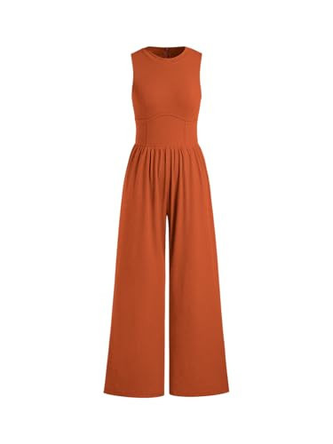 CIDER Jumpsuits for Women Sleeveless Wide Leg Overalls Dressy Crewneck One Piece Jumpsuits with Pockets Summer Fall: Orange, XL | Amazon (US)