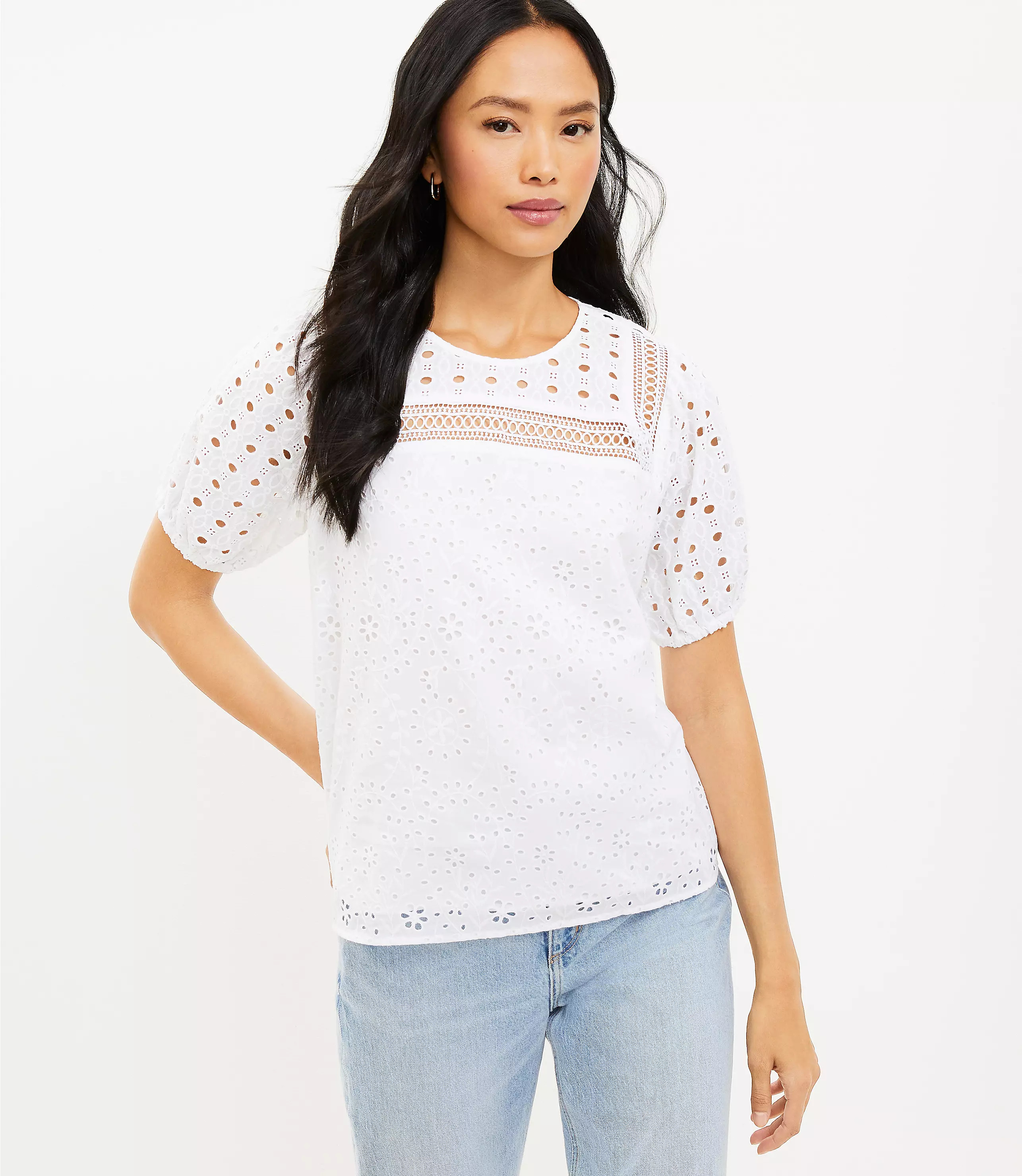 Petite Mixed Eyelet Puff Sleeve Top | LOFT