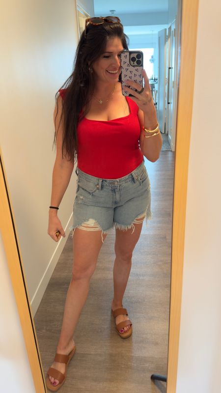 Brunch OOTD! Perfect for a girls’ trip. Love cutoffs and a solid square neck red top for an easy summer mom uniform. These distressed jean shorts are my fav!

#LTKSeasonal #LTKFindsUnder50 #LTKFindsUnder100