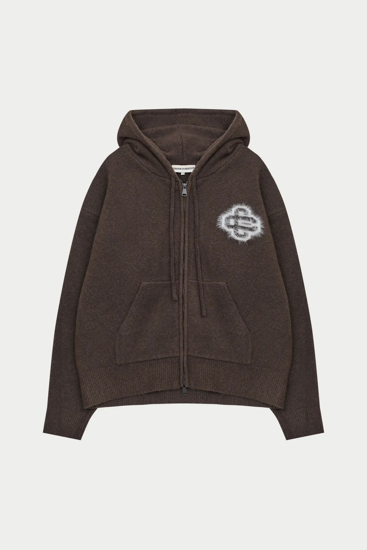 FLUFFY EMBLEM ZIP THROUGH KNITTED HOODIE - BROWN | The Couture Club