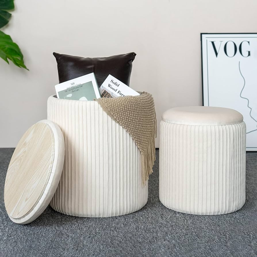 CAROLMADE Set of 2 Round Ottoman with Storage, Upholstered Vanity Stool Support 300lbs Multifunct... | Amazon (US)