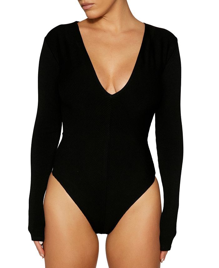 Naked Wardrobe The NW Ribbed V-Neck Long-Sleeve Bodysuit & Reviews - Tops - Women - Macy's | Macys (US)