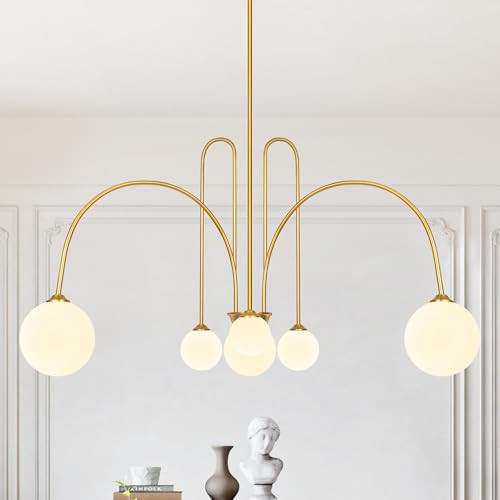 Gold Sputnik Chandelier,6 Lights Modern Chandelier for Dining Room Mid Century Chandelier Large L49” Ceiling Pendant Light Fixtures with Milk Glass Globe Shades for High Ceiling Foyer Living Room | Amazon (US)