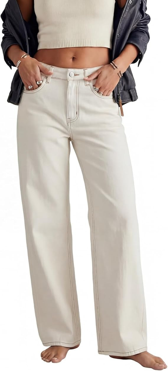 Women's Straight Wide Leg White Jeans Relaxed Fit Cream White Denim Pants | Amazon (US)