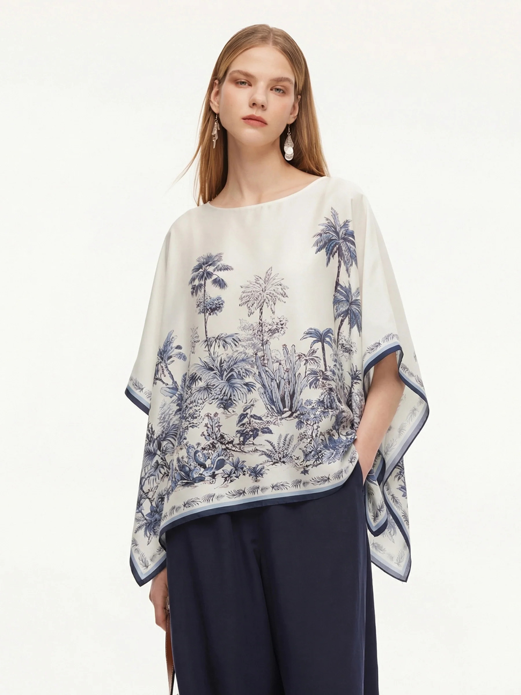12MM Mulberry Silk Floral Print Women Cape Blouse | GOELIA