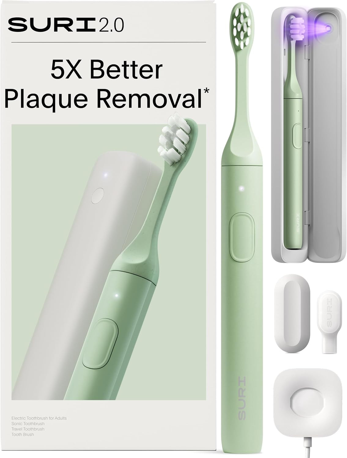 SURI Pro Sonic Electric Toothbrush | Over 4+ Weeks Battery | UV Cleaning Travel Case | Pressure Sensor | Aluminium Body | 2-Minute Timer | Plant-Based Head | Green | Amazon (UK)