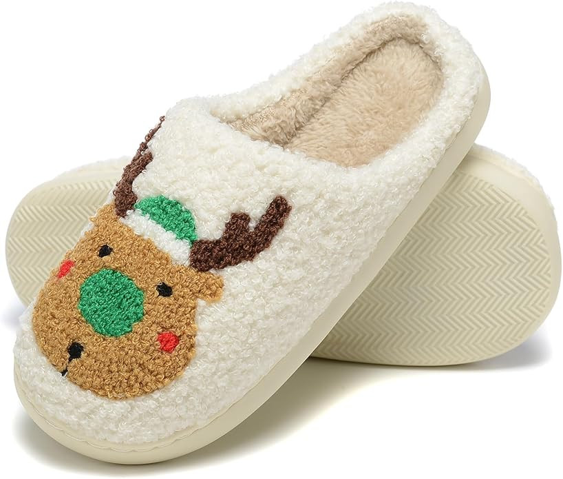 LIONPARK Women Christmas Elk Xmas Slippers: Red Moose Cute Cartoon Fuzzy Warm House Men Slippers ... | Amazon (US)