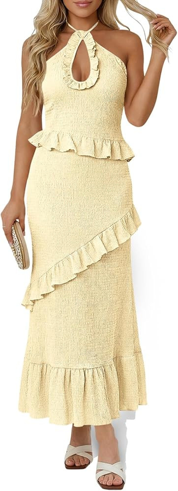 Wenrine Womens Sexy Halter Maxi Dress Cutout Sleeveless Ruffle Tassel Backless Party Club Summer ... | Amazon (US)