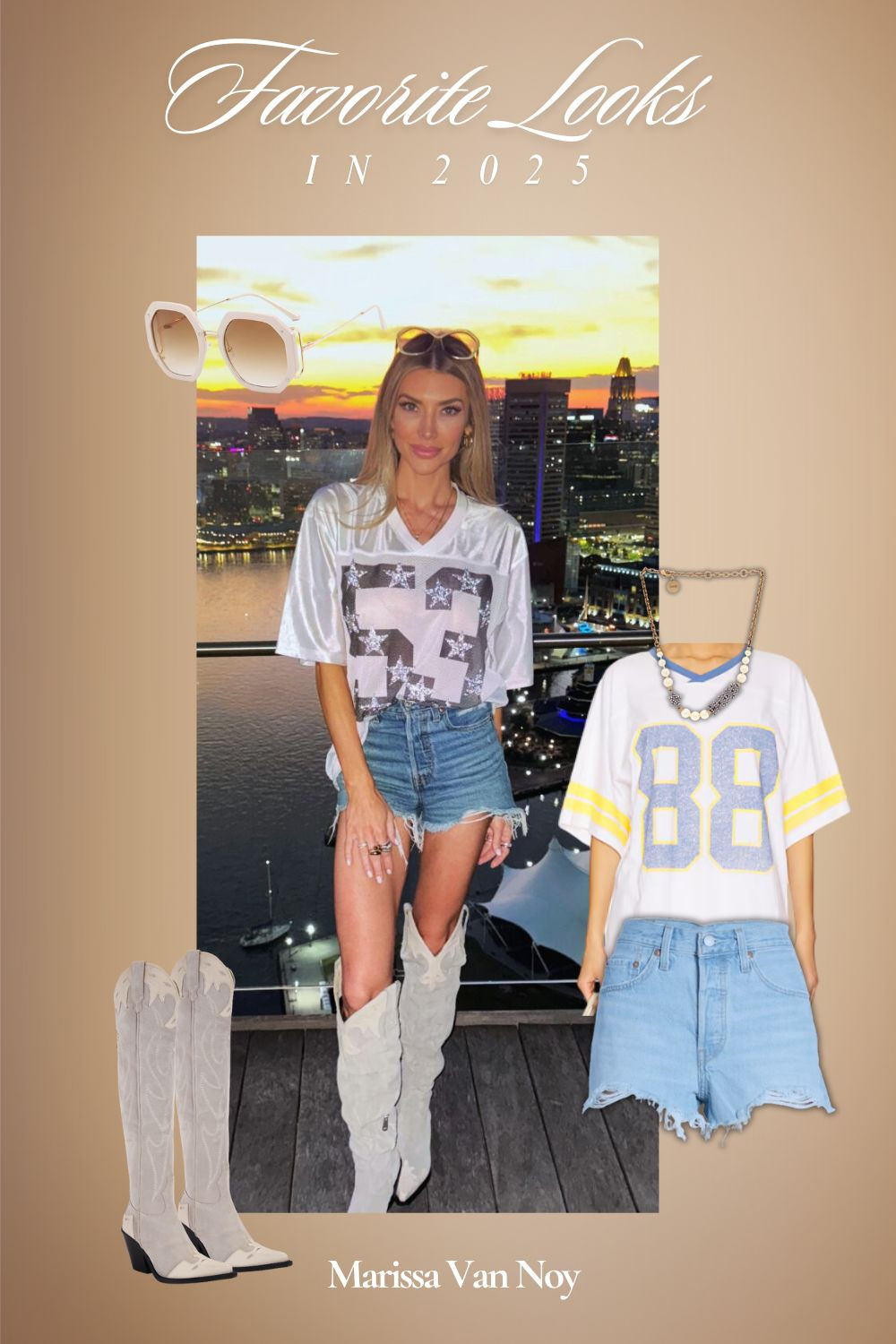 The late summer sunset over Baltimore and my thigh high suede cowboy boots from Free People made this a look to remember in 2025.💜🐦‍⬛

Linked my Levi’s cutoff shorts. My oversized sunglasses are vintage Dior and my custom number jersey is Judith March. 
 

 #LTKootd #LTKmomlife #LTKSeasonal