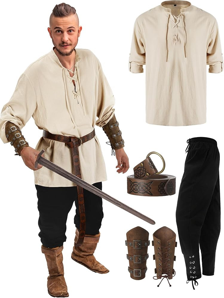 Jiuguva 4 Pcs Halloween Men's Renaissance Costume Set Medieval Pirate Shirt Ankle Banded Pants Vi... | Amazon (US)