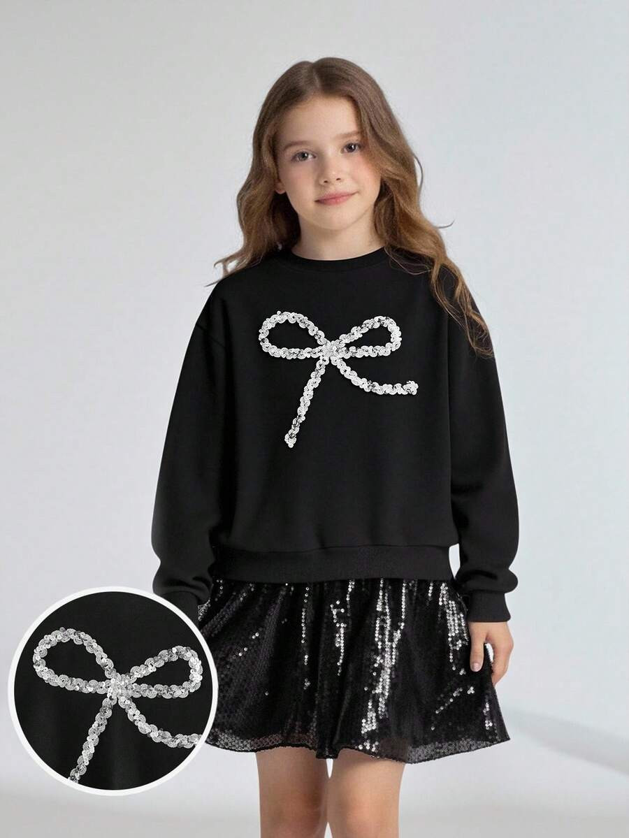 Maija Kids Maija Kids Tween Girl Solid Color Knit Bow Sweatshirt & Sequin Mini Skirt 2-Piece Set ... | SHEIN