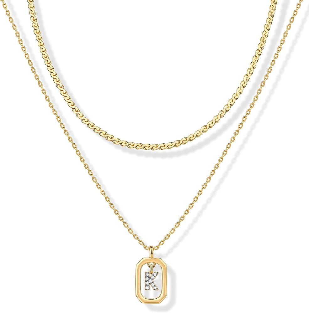 PAVOI 14K Gold Plated Cubic Zirconia Letter Pendant Layered Necklace | Framed Initial Letter Cabl... | Amazon (US)