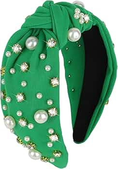 Green Headband for Women Pearl Knotted Headband Sparkly Rhinestone Pearls Top Knotted Headbands F... | Amazon (US)