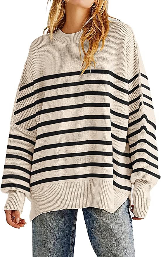 Amazon.com: Women's Oversized Crewneck Sweaters Batwing Long Sleeve Side Slit Ribbed Knit Pullove... | Amazon (US)