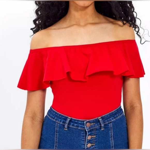 Jcrew red off the shoulder ruffle bodysuit medium | Poshmark