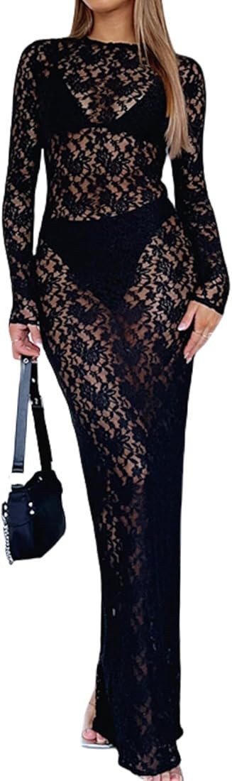 ZGMYC Women's Elegant Floral Lace Maxi Dress Sexy See Through Long Sleeve Evening Dress Party Coc... | Amazon (US)