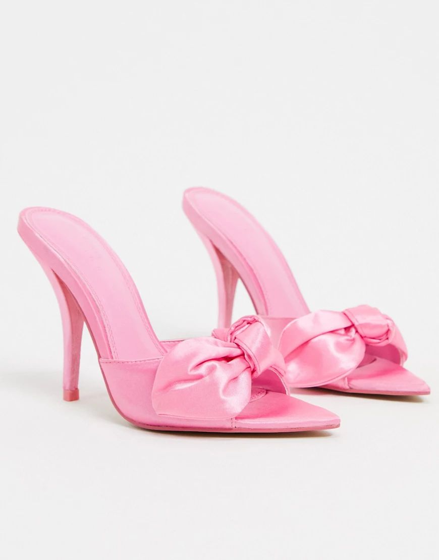 ASOS DESIGN Nester bow mules sandals on pointed insole in pink | ASOS (Global)
