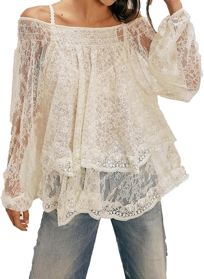 Women Sheer Lace Off The Shoulder Tops Lantern Long Sleeve Tiered Lacy Tops Loose See-Through Blo... | Amazon (US)