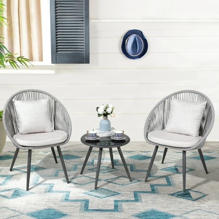Patio Bistro Set, 3 Piece Outdoor Table and Chairs Set, Rope Woven Patio Chairs Set with Tempered... | Walmart (US)