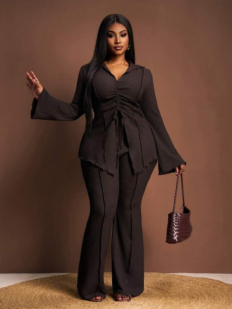 Veslaya 2025 Spring/Summer Plus Size Women Casual/Tropical Vacation/Road Trip/City Getaway Solid Color Khaki Collared Tie-Front Flare Sleeve Cardigan & Elastic Waist Wide Leg Pants 2-Piece Set 2 Piece Sets Woman Classy Elegant Two Piece Set Modest Two Piece Set Pant Suit Set Plus Tall Two Piece Set | SHEIN