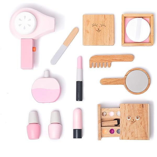 LOKUO Wooden Beauty Salon Toys 12 Pieces Pretend Playset with Makeup, Mirror, Hair Dryer, Cosmetics  | Amazon (US)