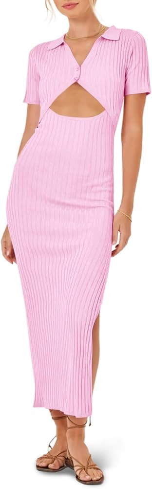 Fisoew Womens Sexy Cutout Dress Summer V Neck Short Sleeve Knitted Ribbed Side Split Bodycon Midi... | Amazon (US)