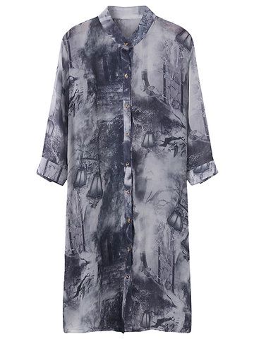 Vintage Ink Printed Stand Collar Sunscreen Cardigan Women Kimono | Newchic US