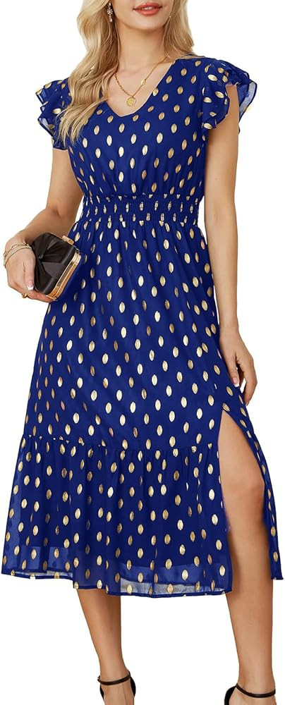 GRACE KARIN Women's V Neck Ruffle Sleeve Summer Dress 2023 Split Flowy Tiered Midi Dress Wedding ... | Amazon (US)