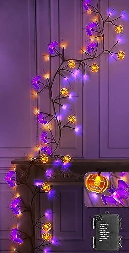 TURNMEON 9 Ft 72 LED Orange & Purple Lights Halloween Willow Vine Twig Decor Garland with 12 Bat ... | Amazon (US)