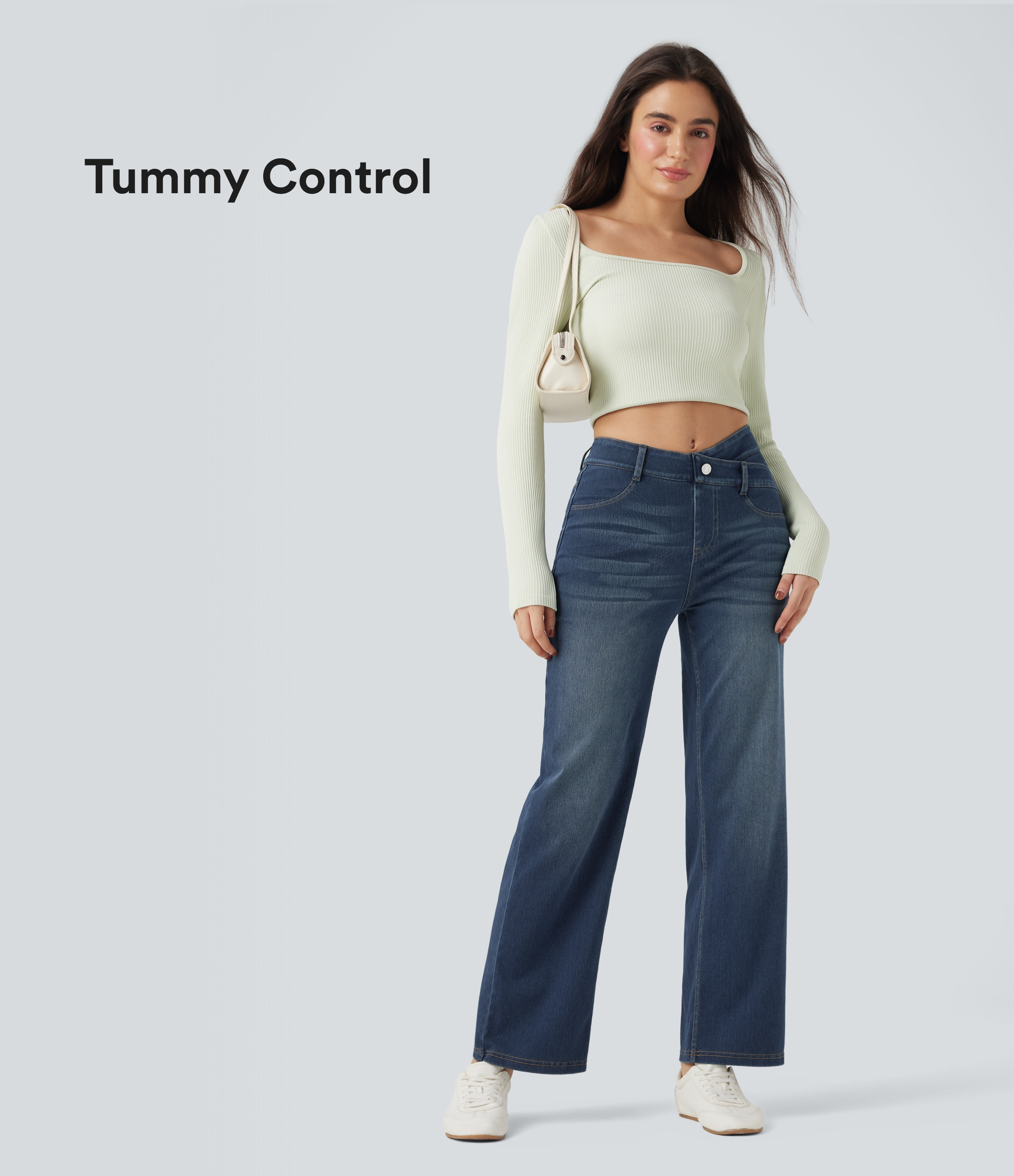 Halara Halara Flex™ Mid Rise Crossover Tummy Control Straight Leg Casual Jeans with Pockets - Blue Surf Denim - XL(regular) | HALARA
