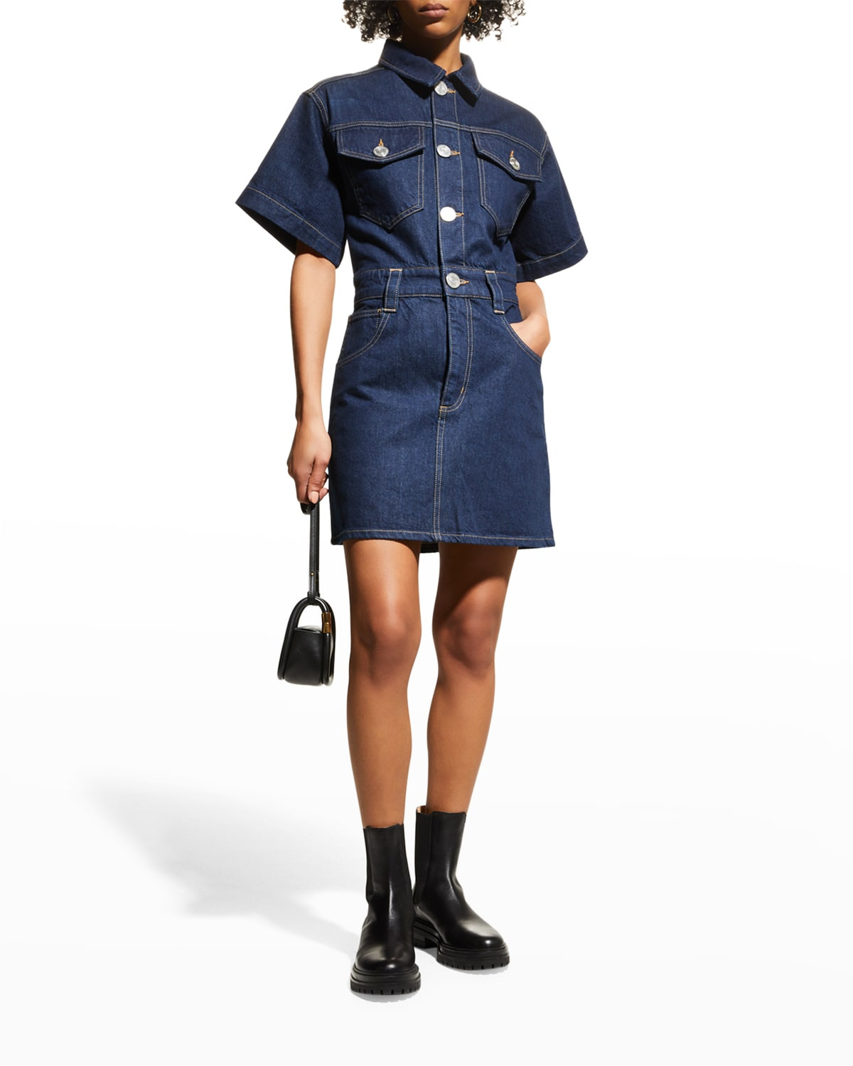 Oversized Detail Denim Mini Dress | Neiman Marcus