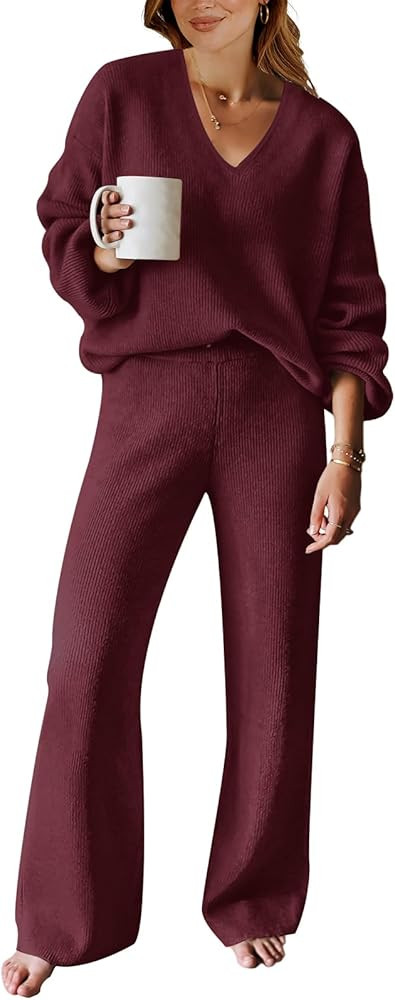 ANRABESS Women 2 Piece Outfits Sweater Lounge Sets Long Sleeve Cable Knit Pullover and Wide Leg P... | Amazon (US)