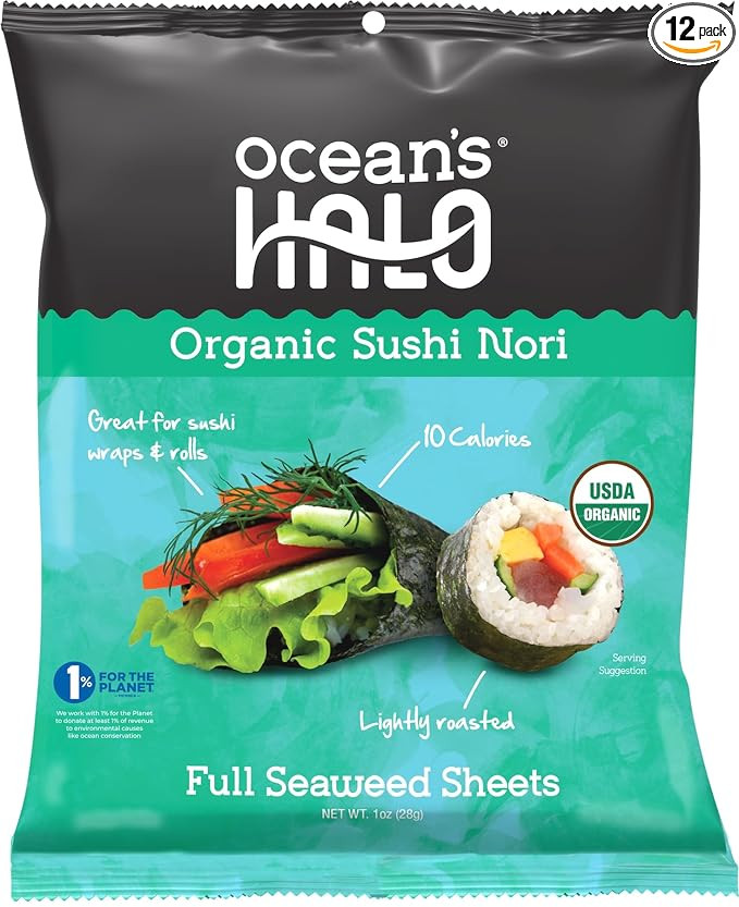 Ocean's Halo Organic Sushi Nori Full Seaweed Sheets, USDA Certified Organic, 1 oz | Amazon (US)
