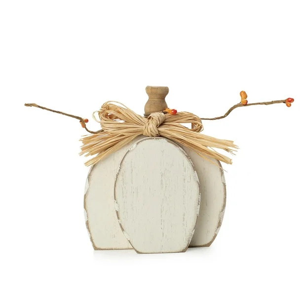 Way to Celebrate Cream Wood Pumpkin with Knob Top; Harvest Tabletop Decoration, 4.4"W x 5.1"H - W... | Walmart (US)