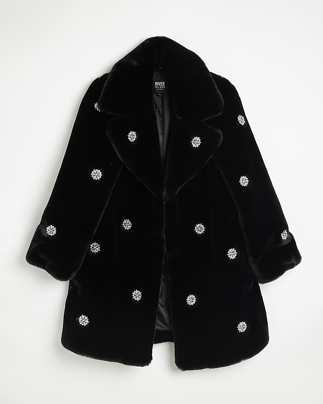 Black faux fur embellished coat | River Island (UK & IE)