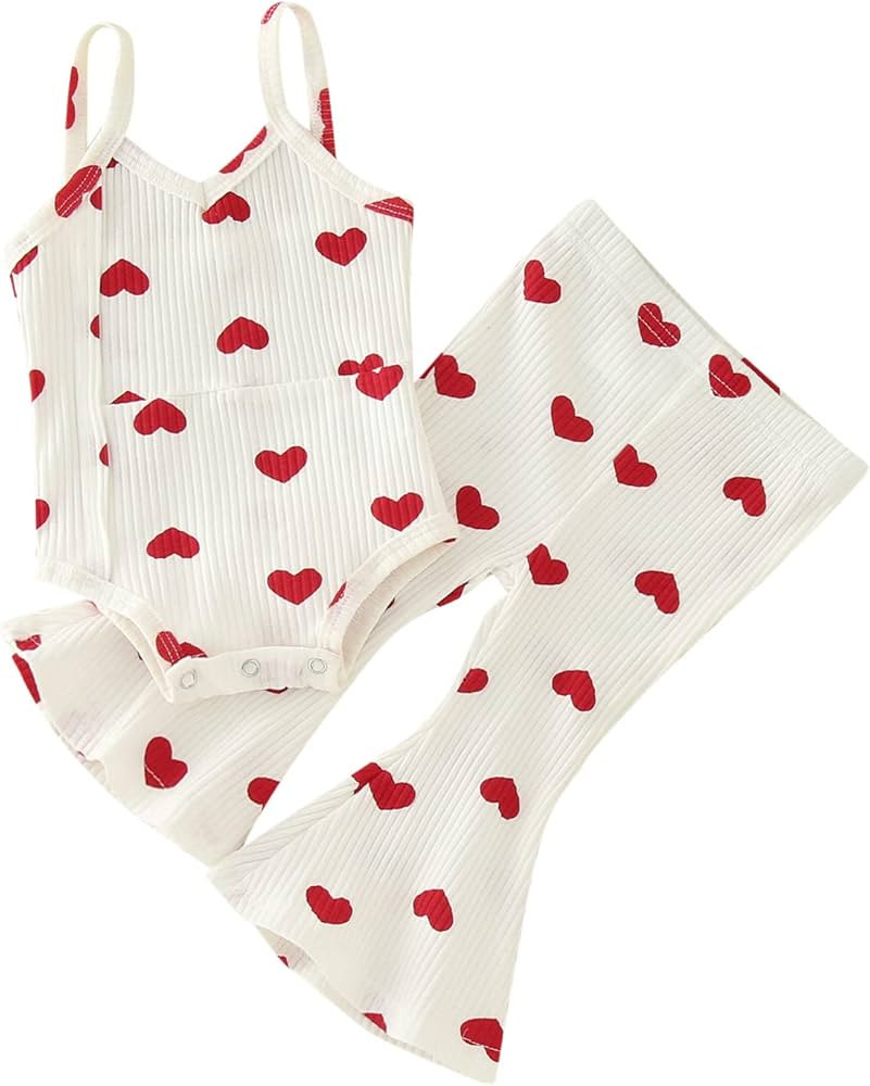 Toddler Valentine's Day Girls Love Belt Printed Romper Bodysuit Bell Bottoms 2pcs Outfits Girl Dr... | Amazon (US)