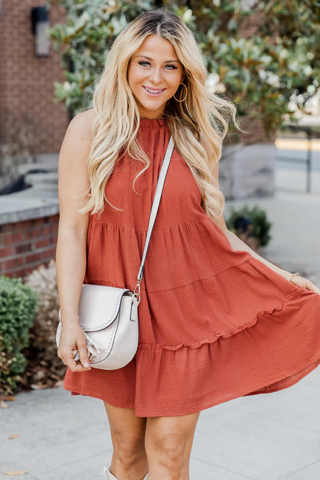 Figure You Out Rust Halter Tiered Babydoll Mini Dress | Pink Lily